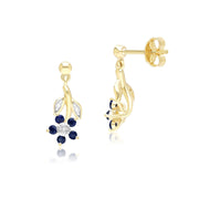 Floral Sapphire & Diamond Drop Earrings in 9ct Yellow Gold