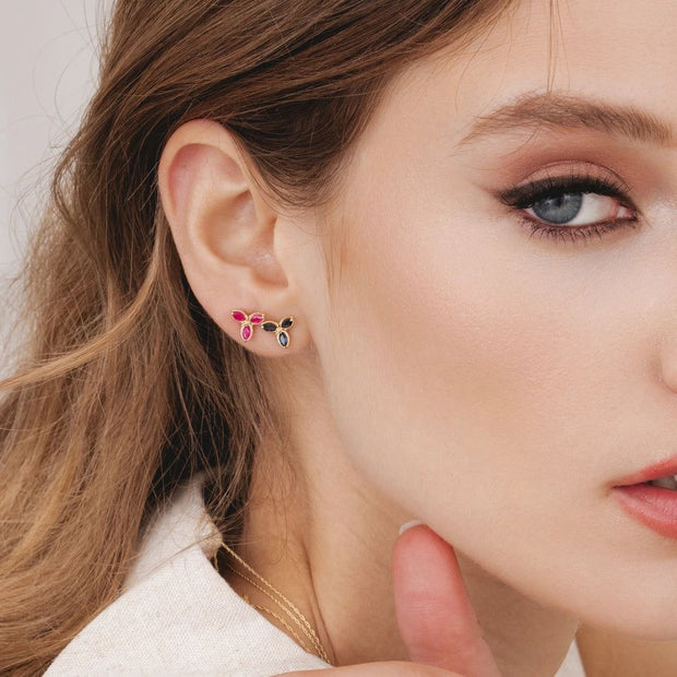Floral Marquise Ruby Stud Earrings in 9ct Yellow Gold