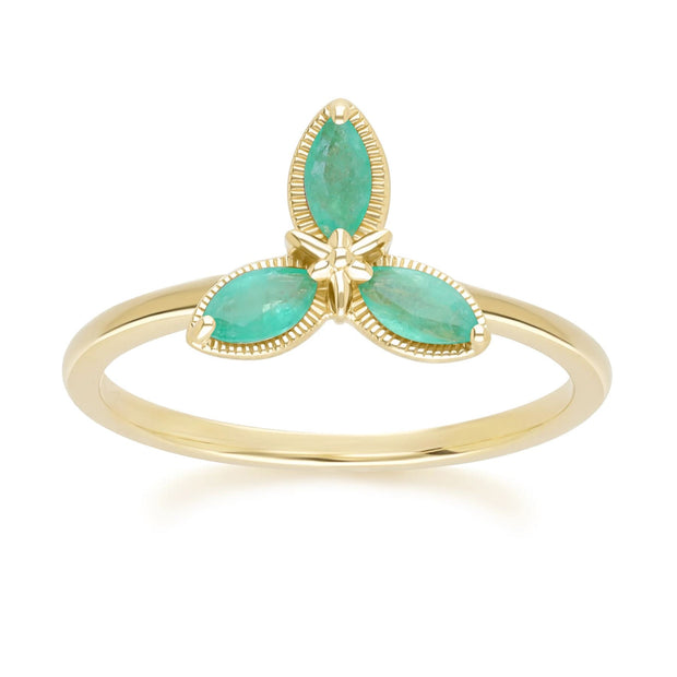 Floral Marquise Emerald Ring in 9ct Yellow Gold