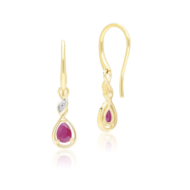 Classic Pear Ruby & Diamond Drop Earrings In 9ct Yellow Gold