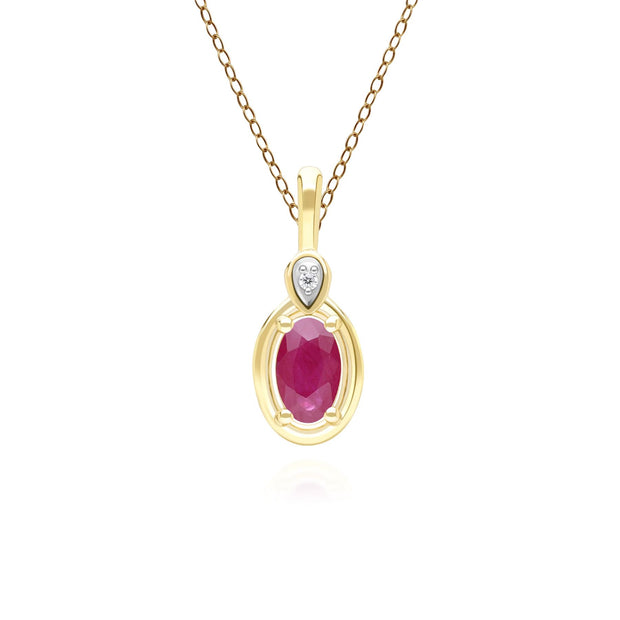 Classic Oval Ruby & Round Diamond Pendant Necklace In 9ct Yellow Gold