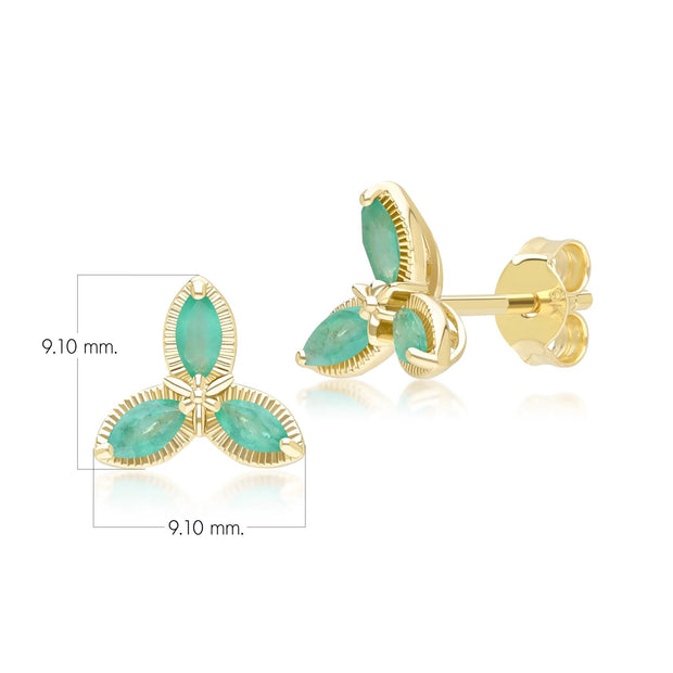 Floral Marquise Emerald Stud Earrings in 9ct Yellow Gold