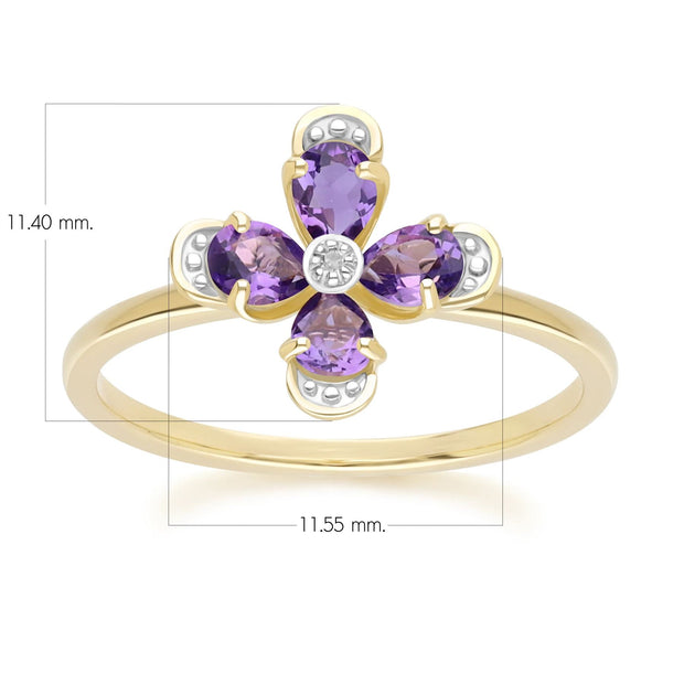 Floral Amethyst & Diamond Ring in 9ct Yellow Gold