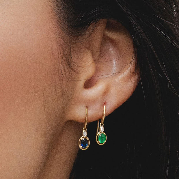 Classic Oval Emerald & Round Diamond Drop Earrings In 9ct Yellow Gold