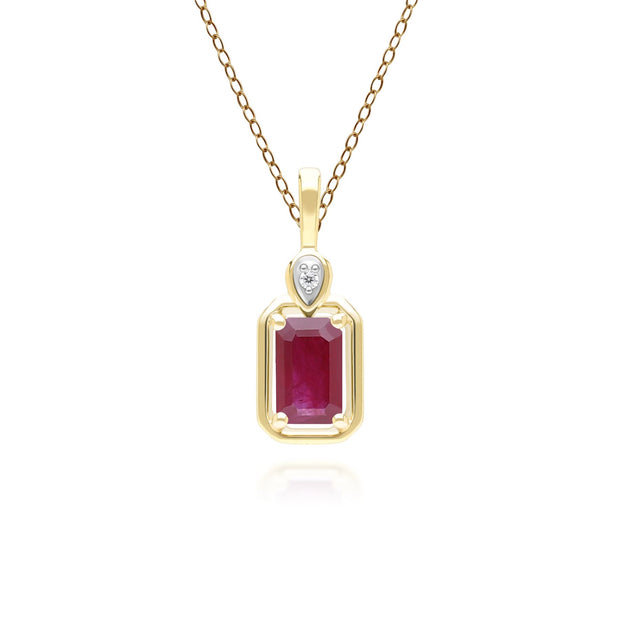 Classic Ruby Baguette & Diamond Pendant Necklace In 9ct Yellow Gold