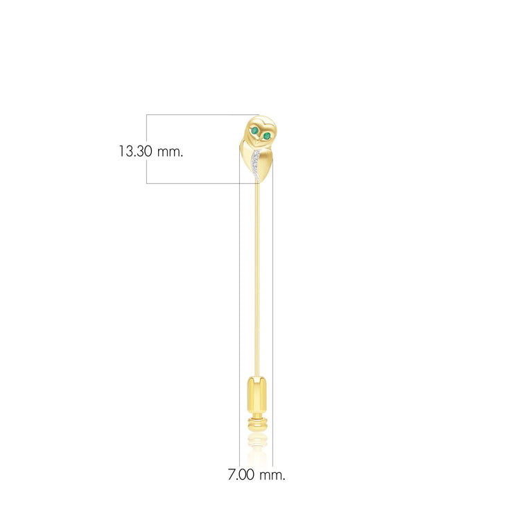 Gardenia Emerald and White Sapphire Owl Lapel Pin in 9ct Yellow Gold