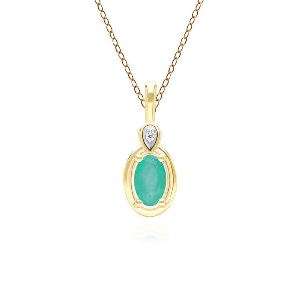 Classic Oval Emerald & Round Diamond Pendant Necklace In 9ct Yellow Gold