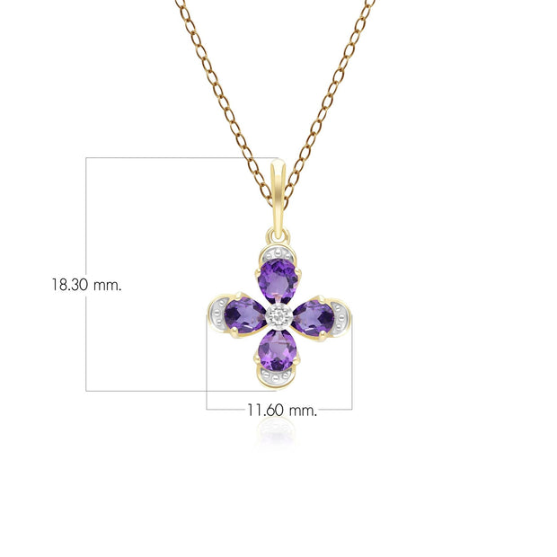 Floral Amethyst & Diamond Pendant Necklace in 9ct Yellow Gold