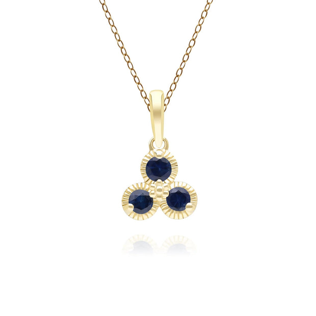Floral Sapphire Three Stone Pendant Necklace in 9ct Yellow Gold