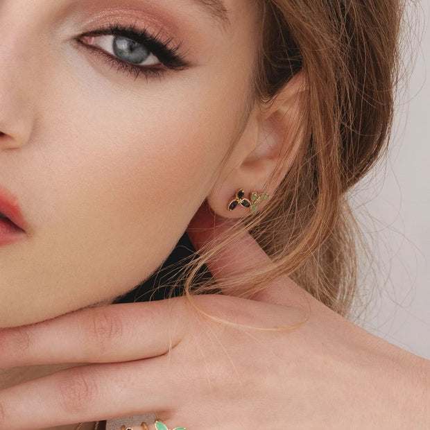 Floral Marquise Emerald Stud Earrings in 9ct Yellow Gold