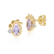 O leaf Pink Amethyst & Diamond Stud Earrings In 9ct Yellow Gold