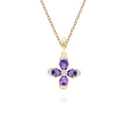 Floral Amethyst & Diamond Pendant Necklace in 9ct Yellow Gold