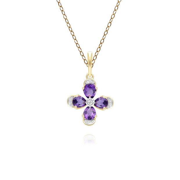 Floral Amethyst & Diamond Pendant Necklace in 9ct Yellow Gold