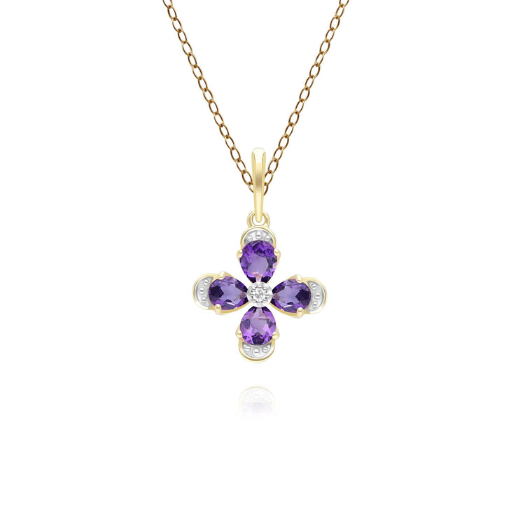 Floral Amethyst & Diamond Pendant Necklace in 9ct Yellow Gold