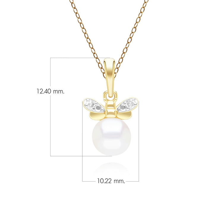Honeycomb Inspired Pearl and Diamond Bee Pendant Necklace in 9ct Yellow Gold