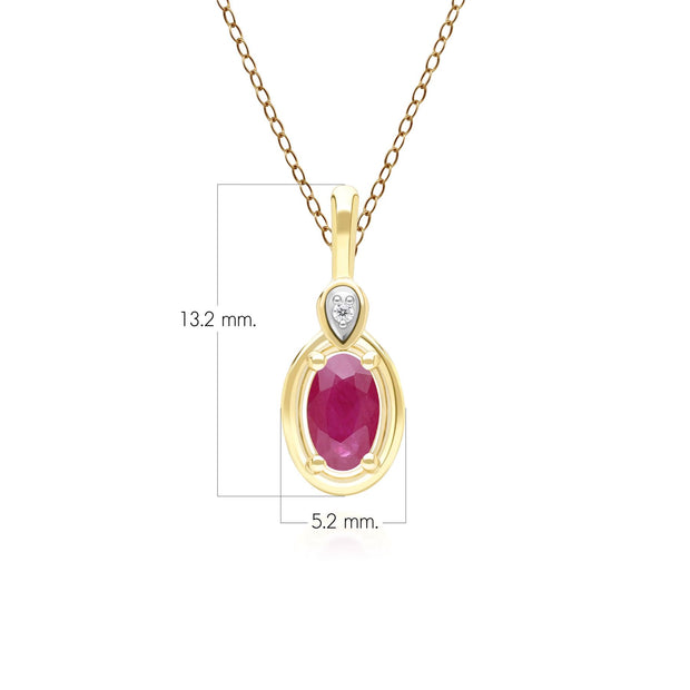 Classic Oval Ruby & Round Diamond Pendant Necklace In 9ct Yellow Gold