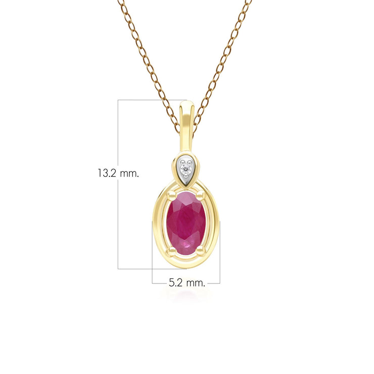 Classic Oval Ruby & Round Diamond Pendant Necklace In 9ct Yellow Gold