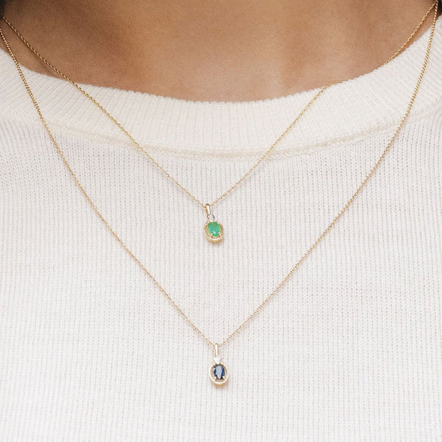 Classic Oval Emerald & Round Diamond Pendant Necklace In 9ct Yellow Gold
