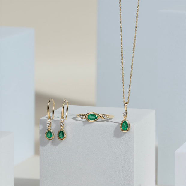 Classic Pear Emerald & Diamond Ring In 9ct Yellow Gold