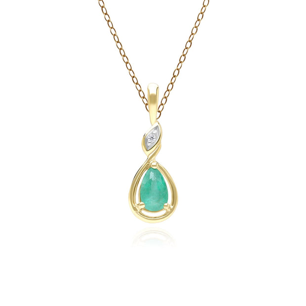 Classic Pear Emerald & Diamond Pendant Necklace In 9ct Yellow Gold