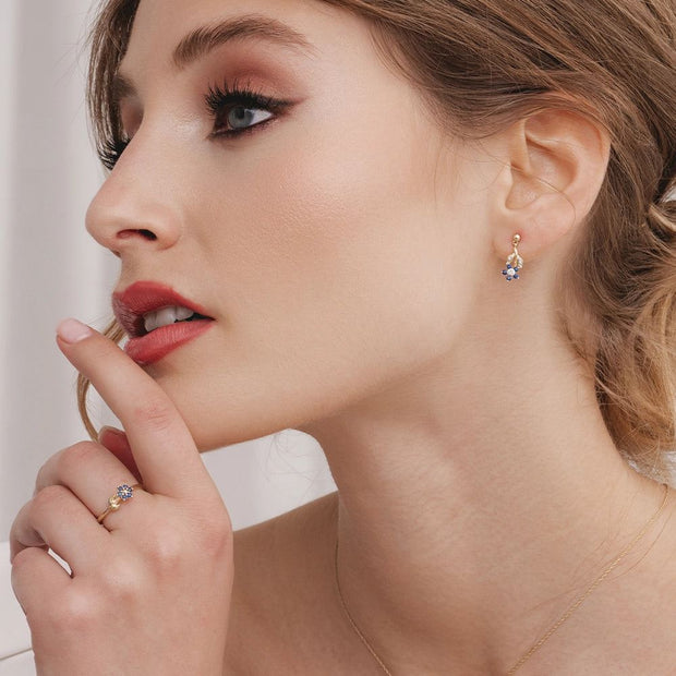 Floral Sapphire & Diamond Drop Earrings in 9ct Yellow Gold