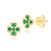 Gardenia Round Emerald Clover Stud Earrings in 9ct Yellow Gold