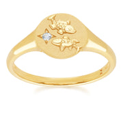 Zodiac Aquamarine Pisces Signet Ring In 9ct Yellow Gold