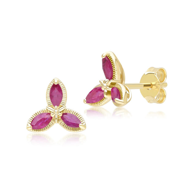 Floral Marquise Ruby Stud Earrings in 9ct Yellow Gold