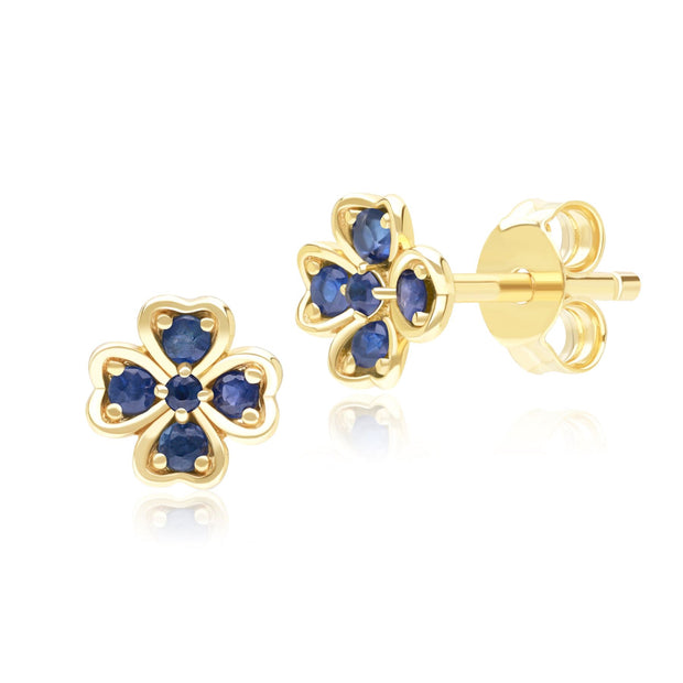 Gardenia Round Sapphire Clover Stud Earrings in 9ct Yellow Gold