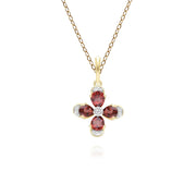 Floral Garnet & Diamond Pendant Necklace in 9ct Yellow Gold