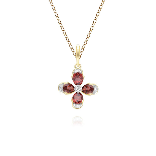 Floral Garnet & Diamond Pendant Necklace in 9ct Yellow Gold