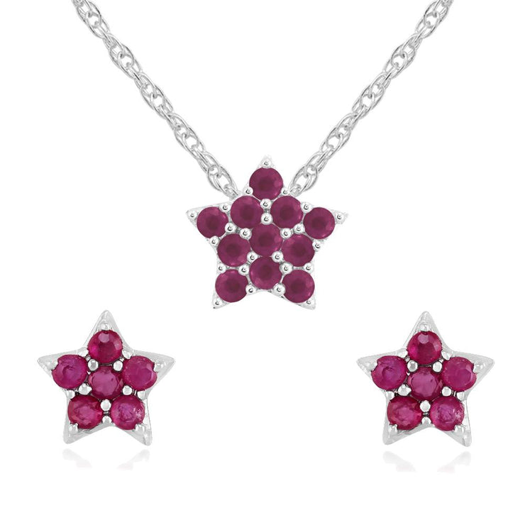 Classic Ruby Cluster Star Stud Earrings & Pendant Set Image 1