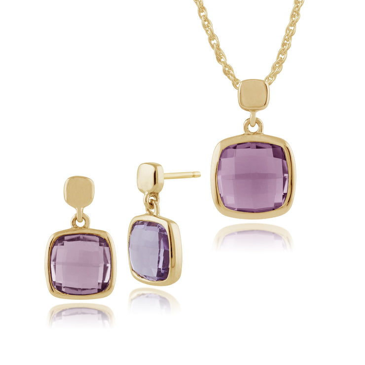 Classic Square Amethyst Bezel Drop Earrings & Pendant Set Image 1