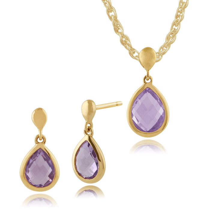 Classic Pear Amethyst Bezel Drop Earrings & Pendant Set Image 1