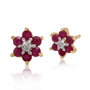Floral Ruby & Diamond Cluster Stud Earrings & Pendant Set Image 2