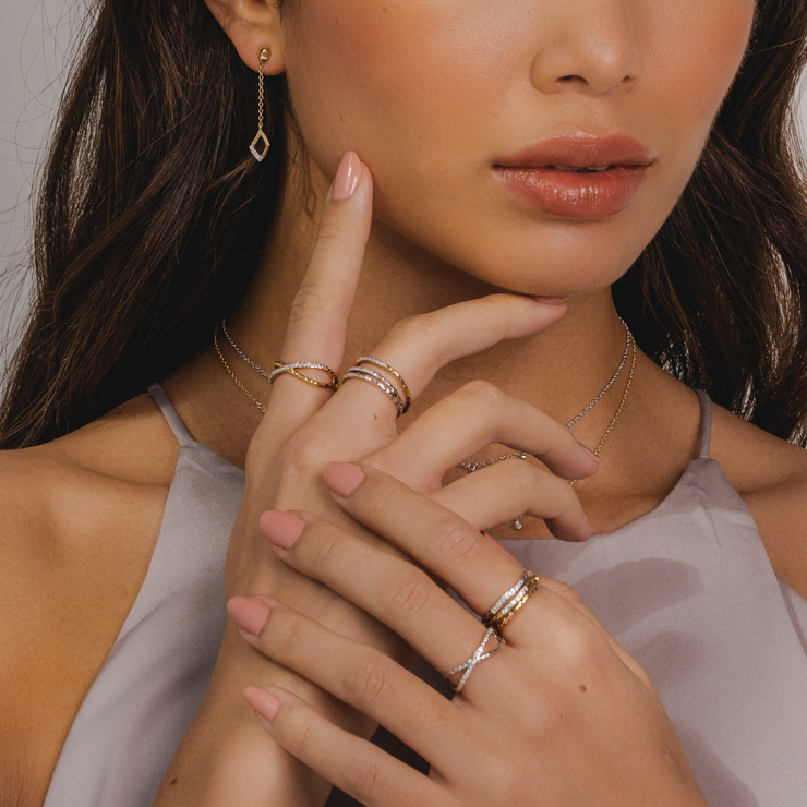 Diamond Pavé Hammered Double Band Ring in 9ct Yellow Gold