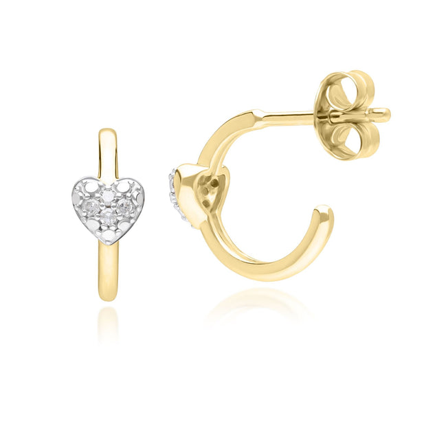 Diamond Half Hoop Love Heart Earrings in 9ct Yellow Gold
